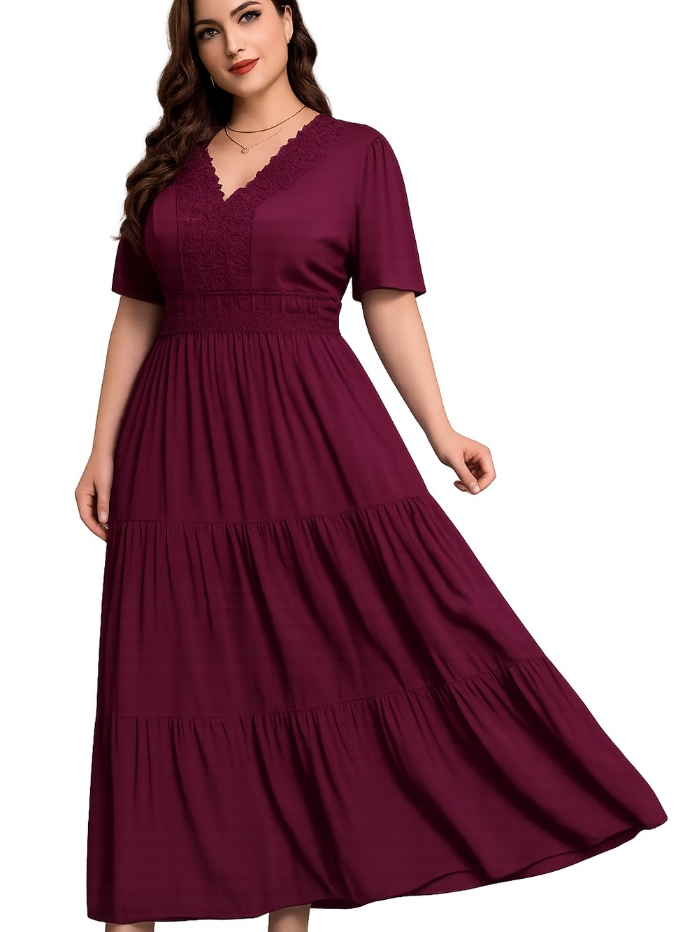 Plus Size Lace-Trim V-Neck Tiered Maxi Dress in Wine